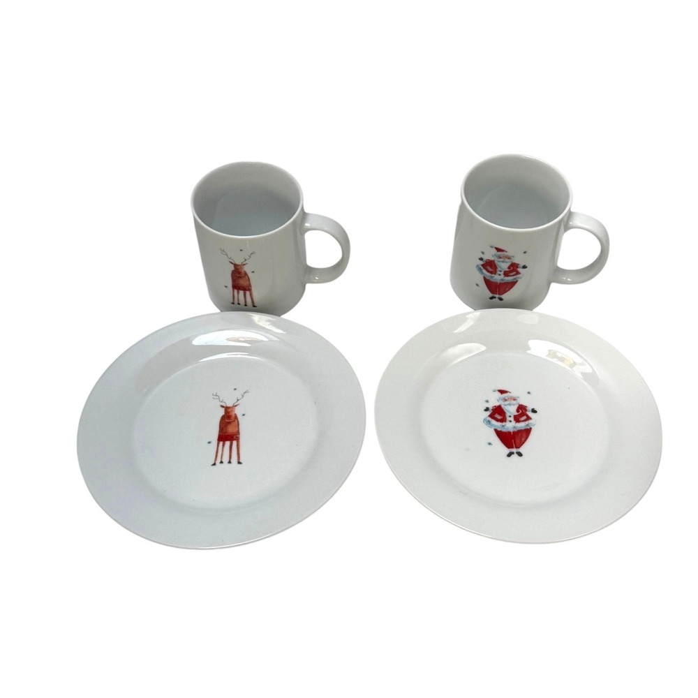 Jerrenkirsty Xmas Mug Plate 2 Sets 4pc White Santa Reindeer Holiday